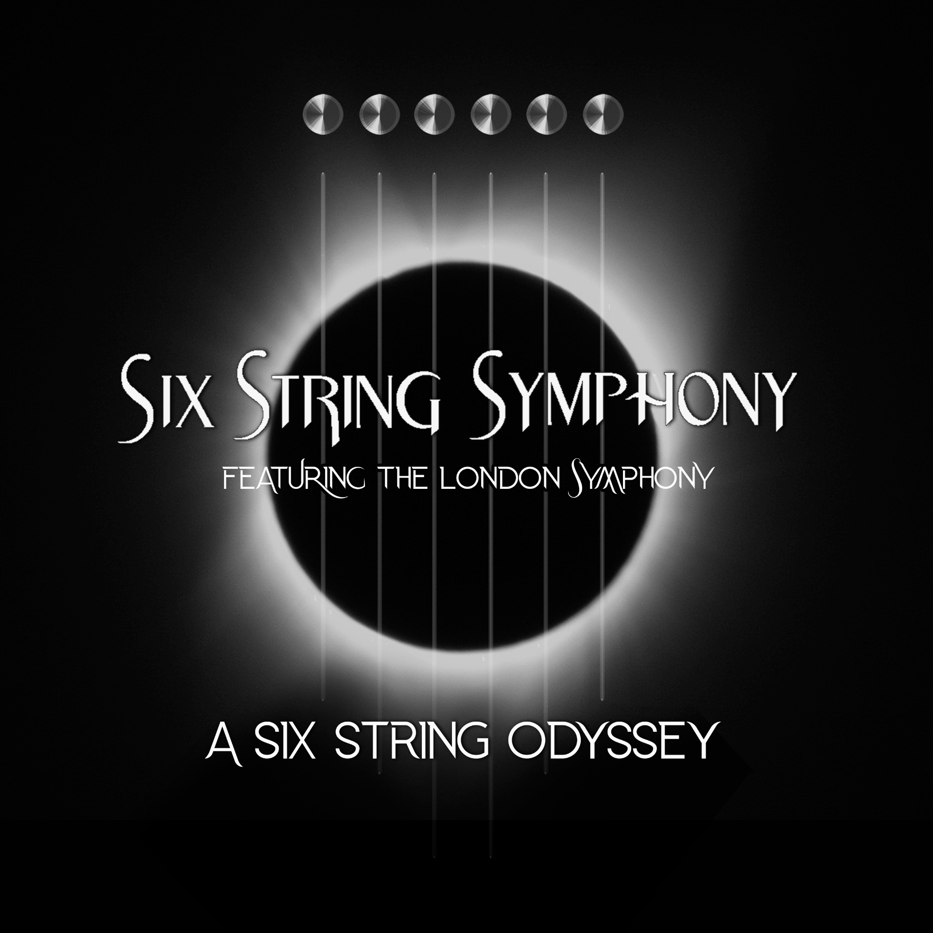 Album cover for A Six String Odyssey — a dark eclipse-like circle with a glowing halo and vertical string lines on a black background, featuring the London Symphony Orchestra
